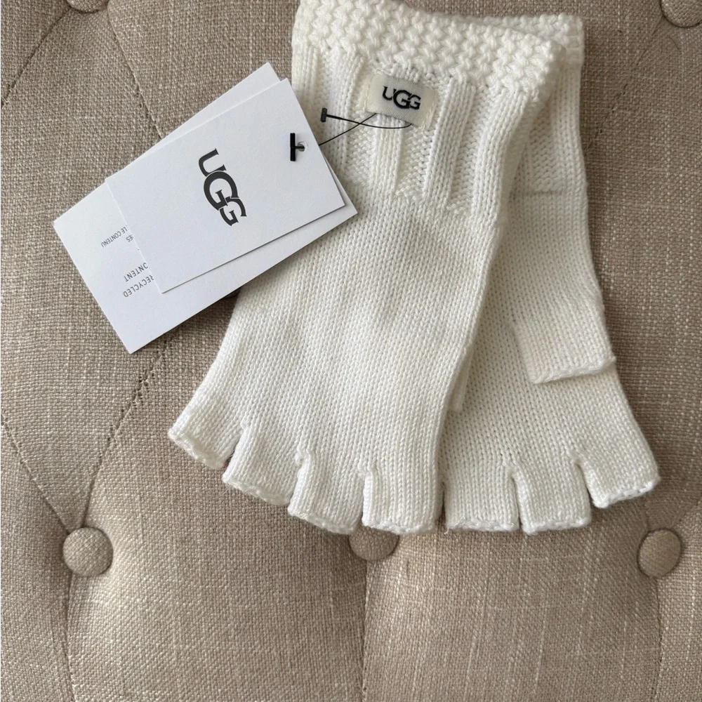 UGG Women's Fingerless Knit Gloves Ivory Ribbed Cozy | One Size